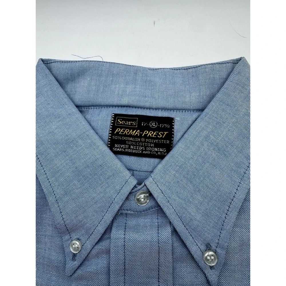 VTG 1970s Sears Perma-Prest Light Blue‎ Oxford Dress Shirt XL 17-17.5 USA